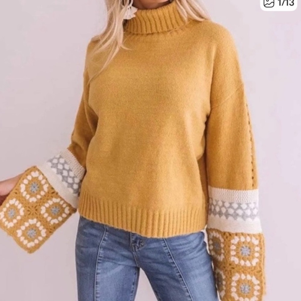En Crème Mustard Yellow Turtleneck Sweater with Crochet Bell Sleeves